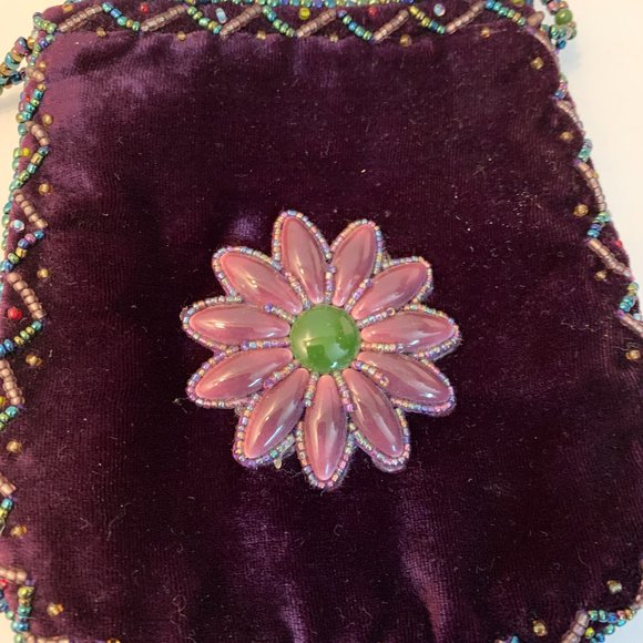 small beaded velvet purse wine colored with purple and green excellent condition - Picture 2 of 9